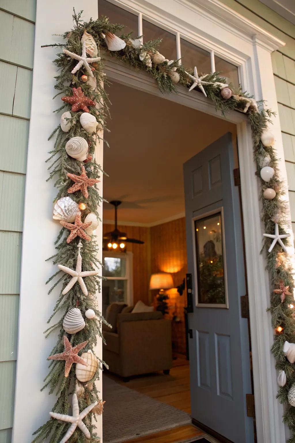 A coastal charm garland featuring seashells and starfish for a beachy vibe.