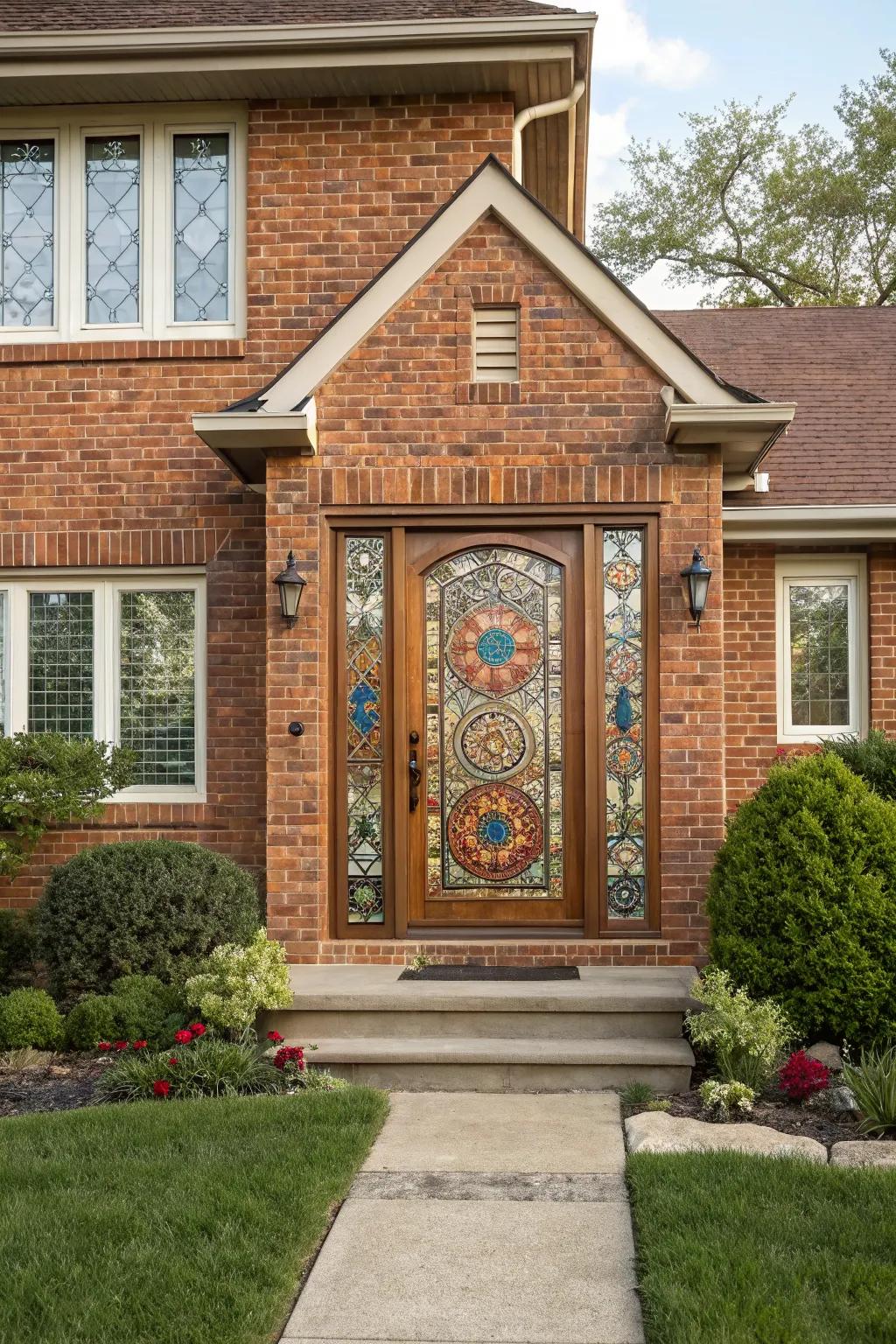 A mosaic design on the front door offers an artistic and unique flair.