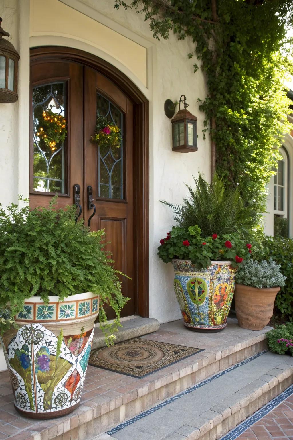 Mosaic pots offer an artistic and striking contrast.