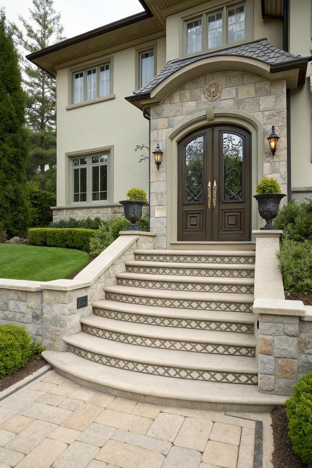 A decorative front door that complements the stairs creates a unified and appealing entrance.