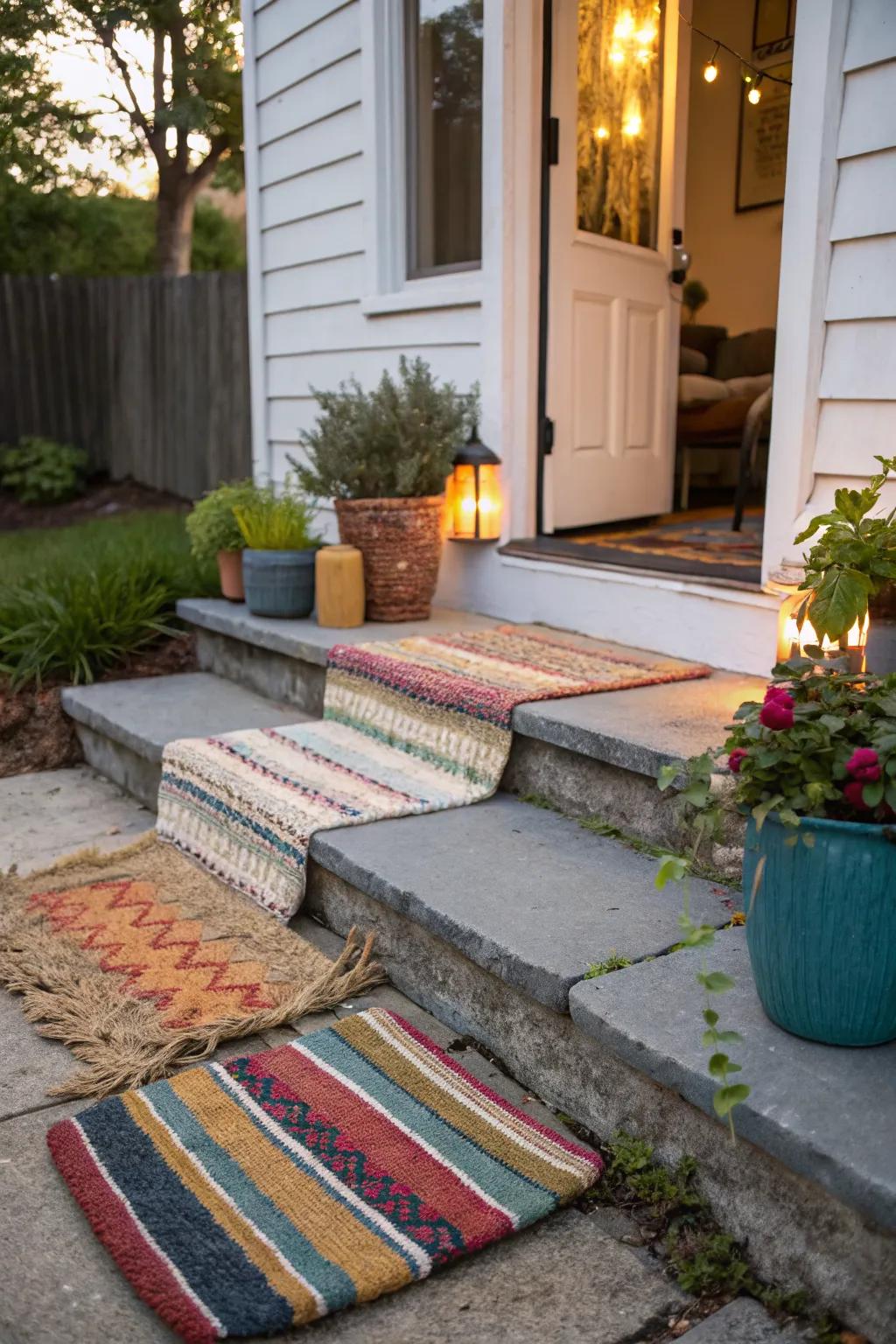 Outdoor rugs add warmth and texture, enhancing your stoop's coziness.