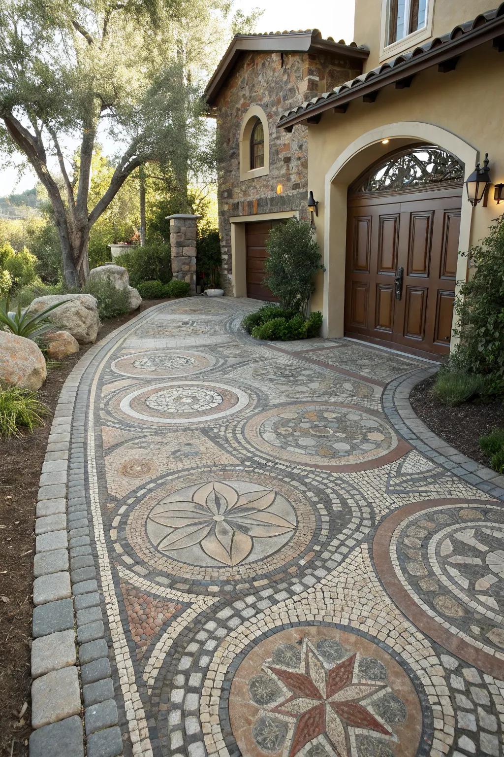 An artistic stone mosaic marking the driveway entrance.