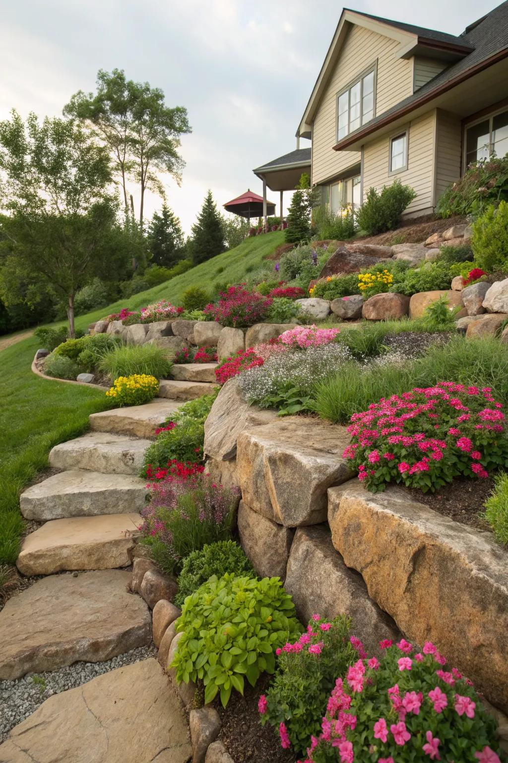 Terraced rock flower beds offering both beauty and functionality.
