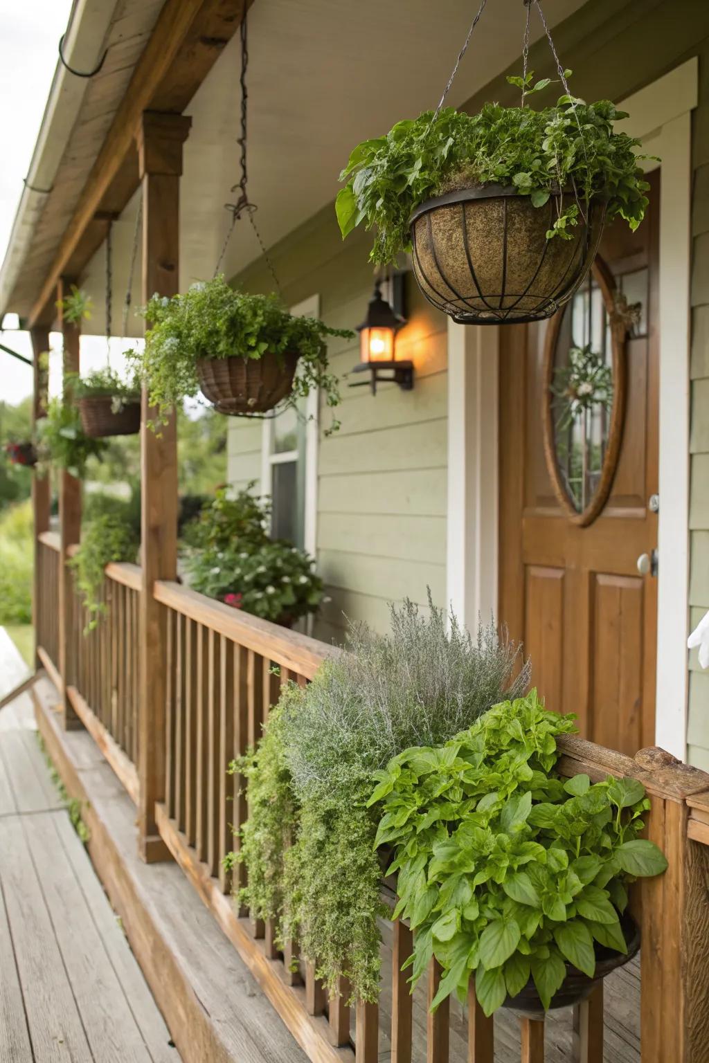 A mini herb garden adds greenery and practicality to your porch.