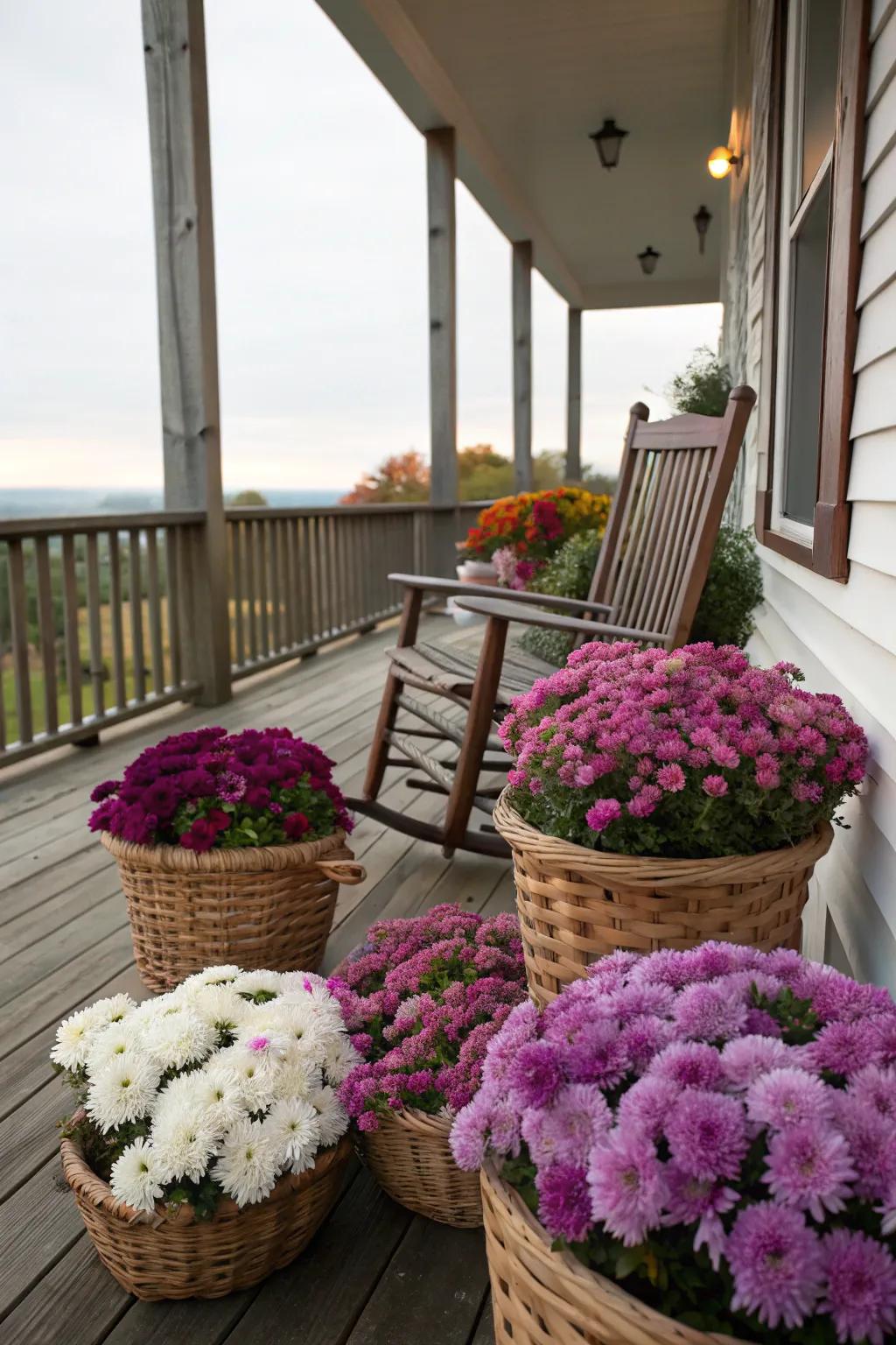 Asters in baskets bring joy and color to any space.
