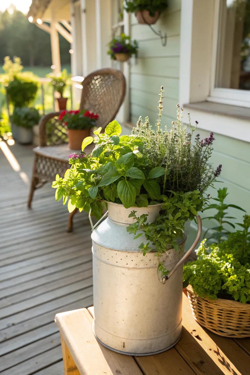 An herb garden in a milk can offers fresh scents and flavors.