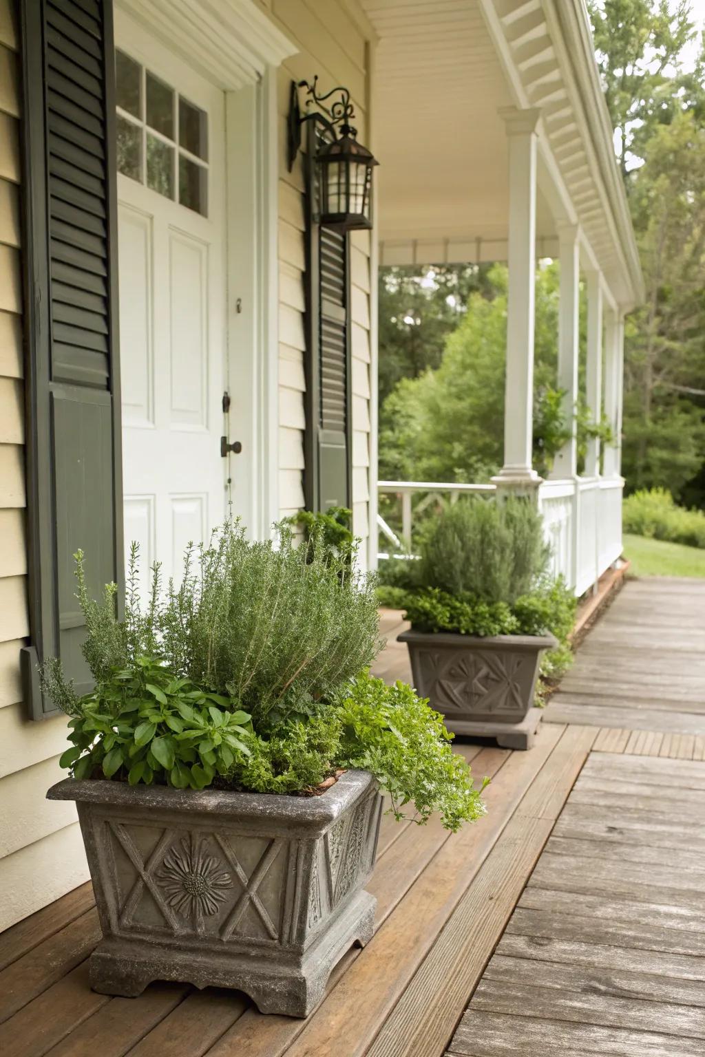 Herb planters add fragrance and utility to the fall porch decor.