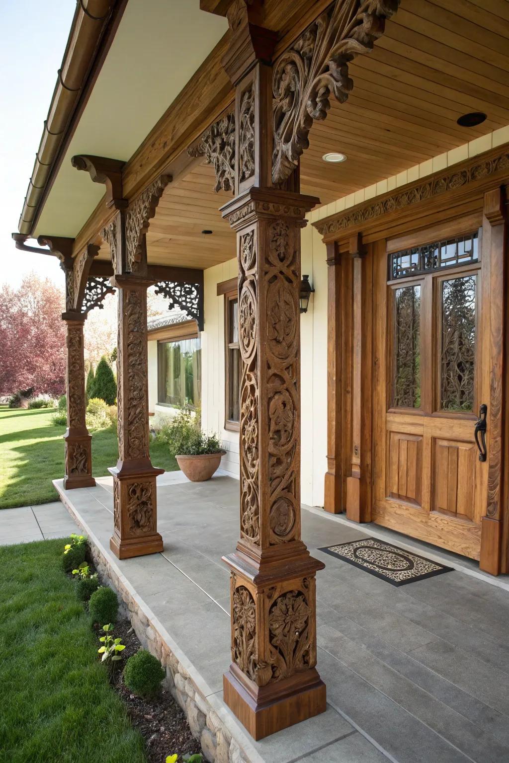Artisan carvings adding character and uniqueness to porch posts.