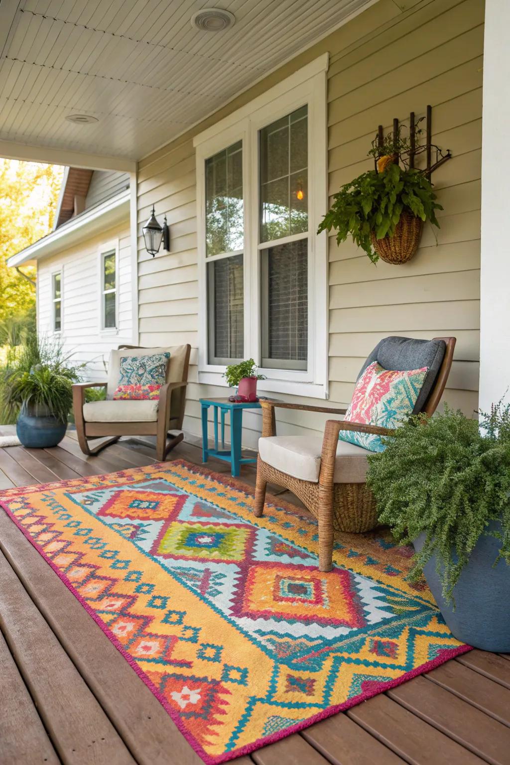 Colorful outdoor rug adding warmth to the porch.