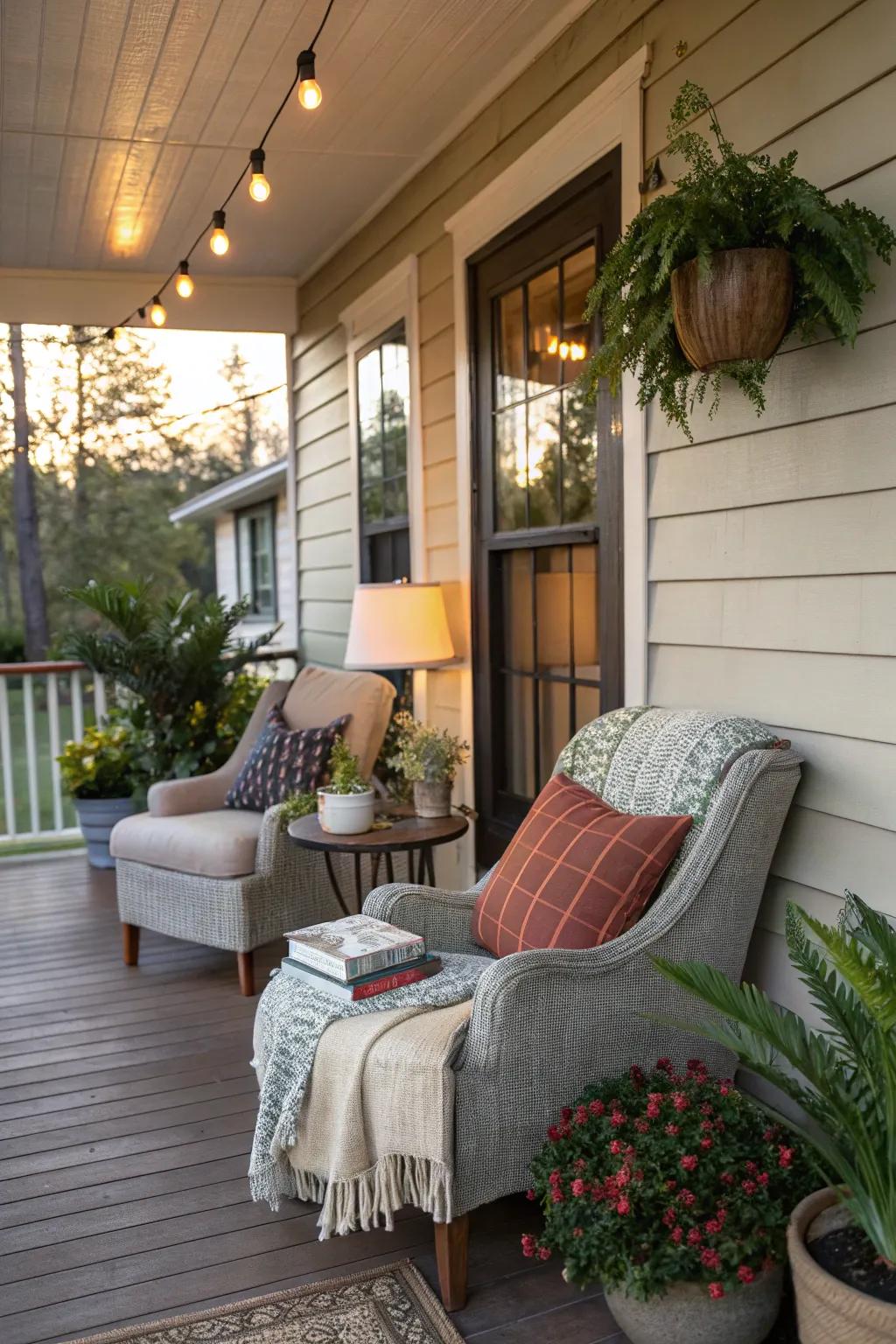 A porch featuring a cozy reading nook with comfortable seating and lighting.