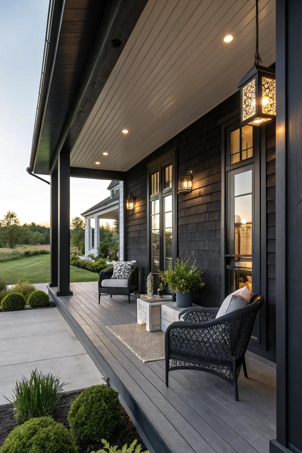 Dramatic front porch with blackened wood siding.