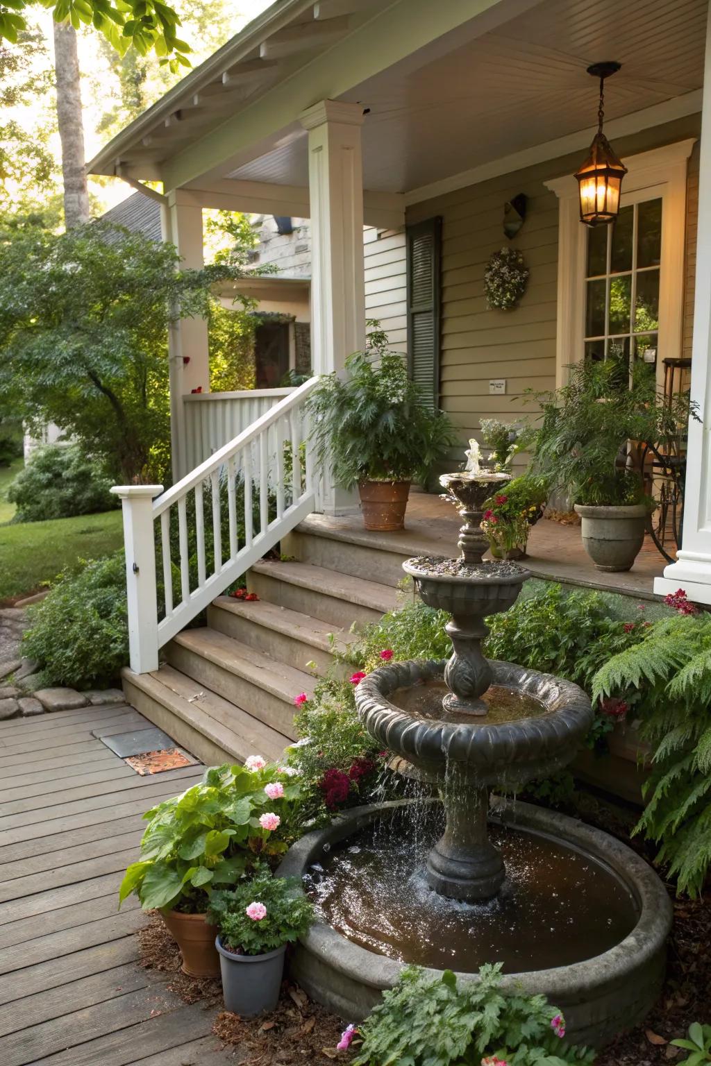 A water feature enhances the tranquility of the porch