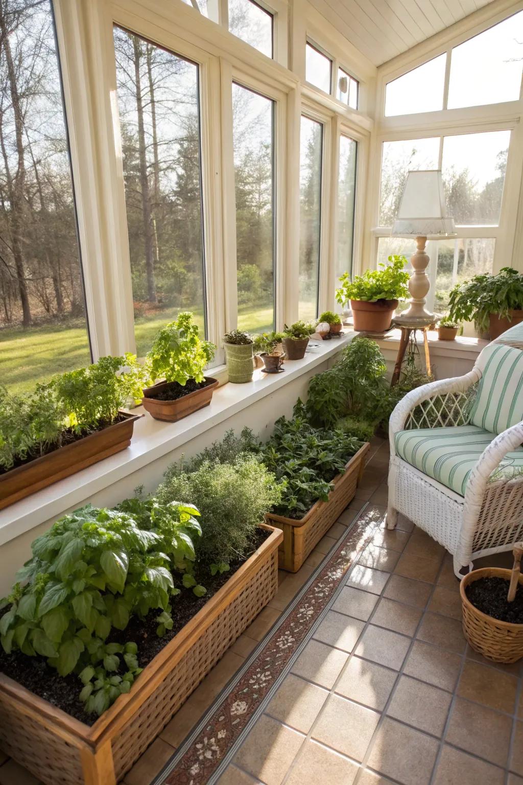 A small herb garden in a sunroom adding fresh scents and greenery.