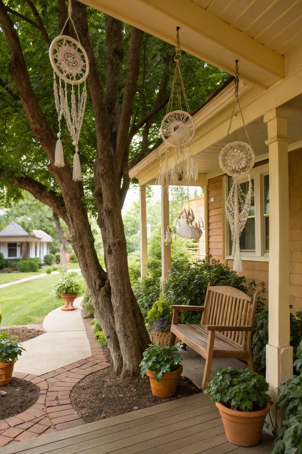 Mystical ornaments imbue the porch with an enchanting aura.