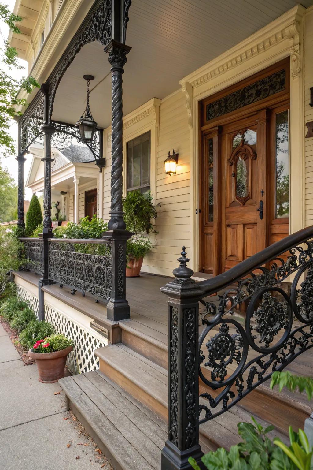 Ornate black railings offer timeless vintage charm.
