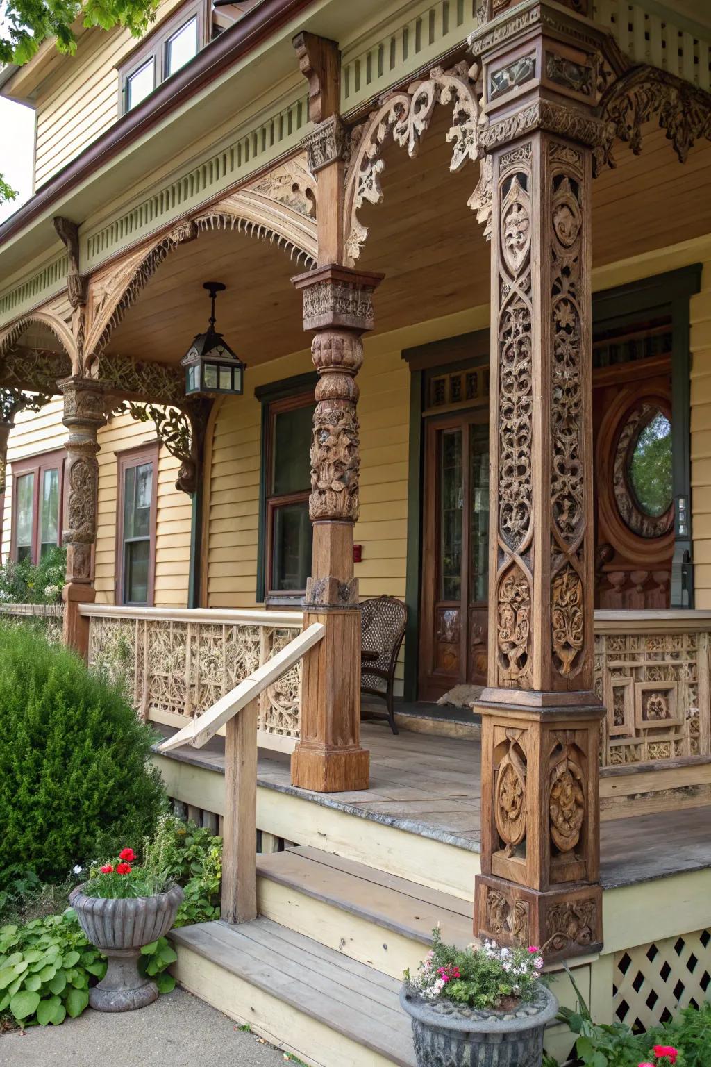 Artistic wood carvings bringing a unique touch to the porch.