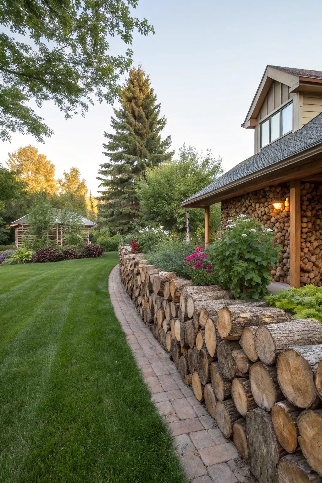 Logs offer a rustic and eco-friendly boundary for the lawn.