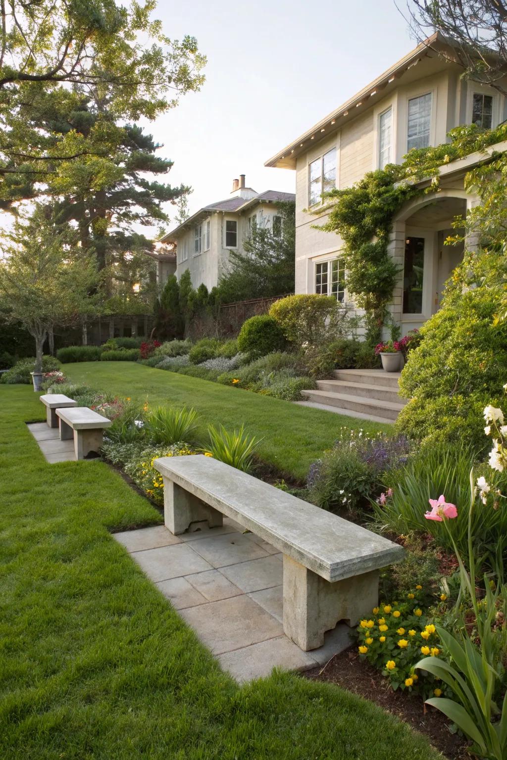 Concrete garden benches offer durable seating in this yard.