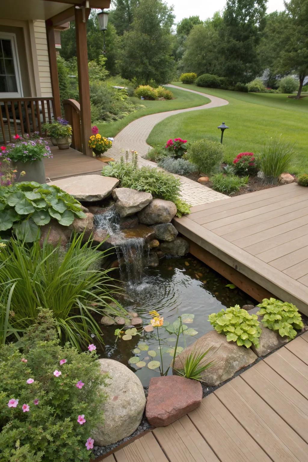 A tranquil front yard deck with a soothing water feature.