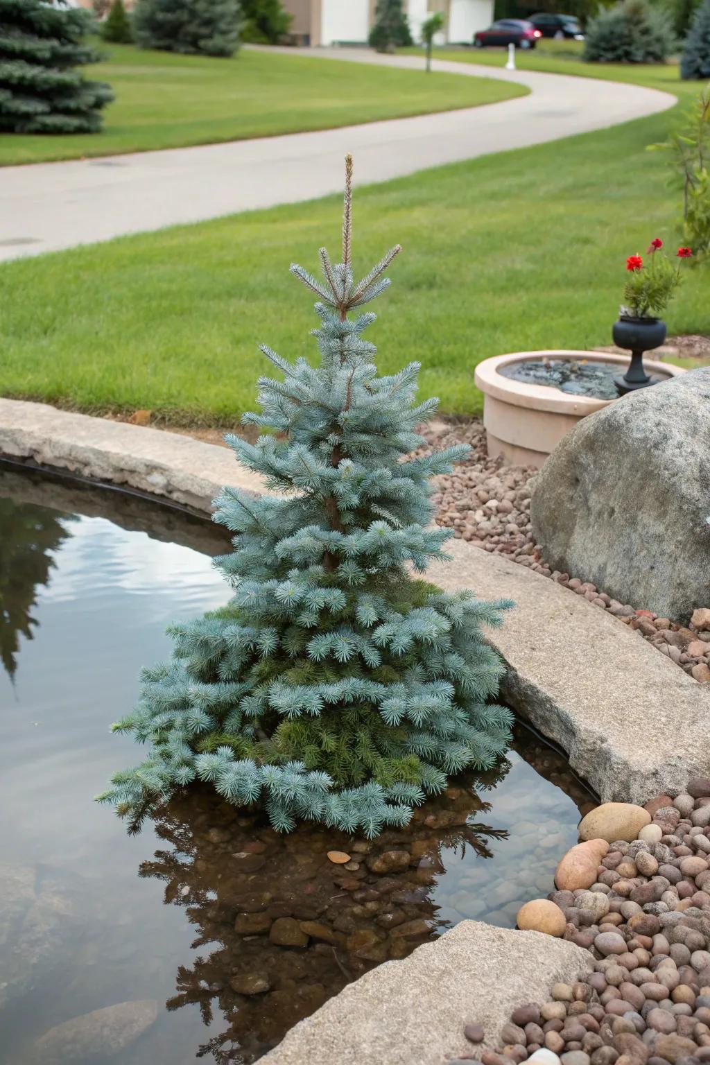 Amplify beauty with the reflection of dwarf blue spruce in water.