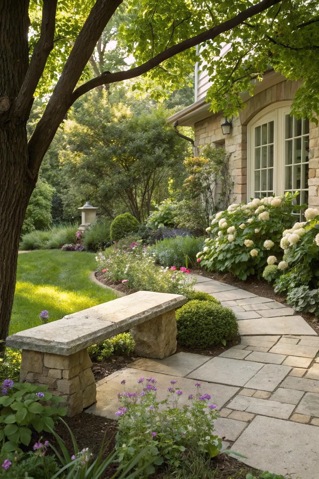 Natural stone seating merges durability with style.