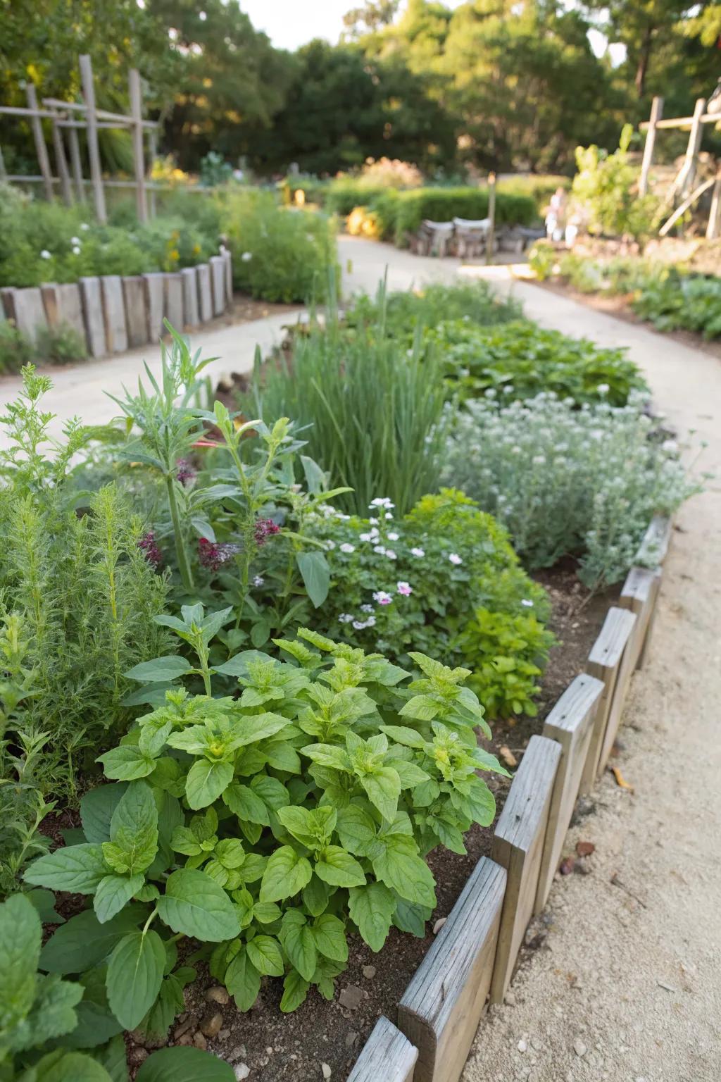 An island flower bed featuring edible plants such as herbs for a practical and tasty addition.