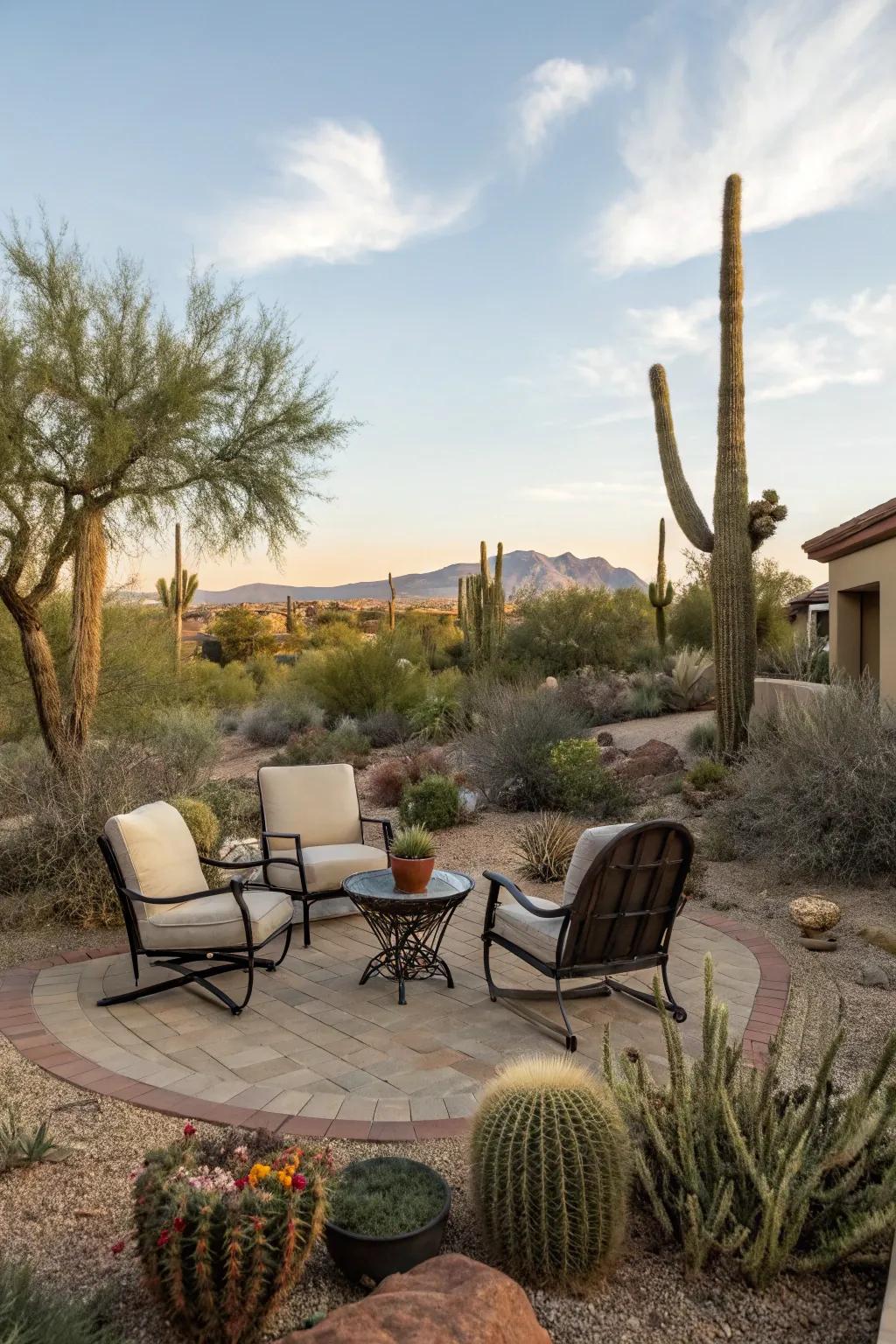 A seating area offers a cozy spot to relax and enjoy the view.