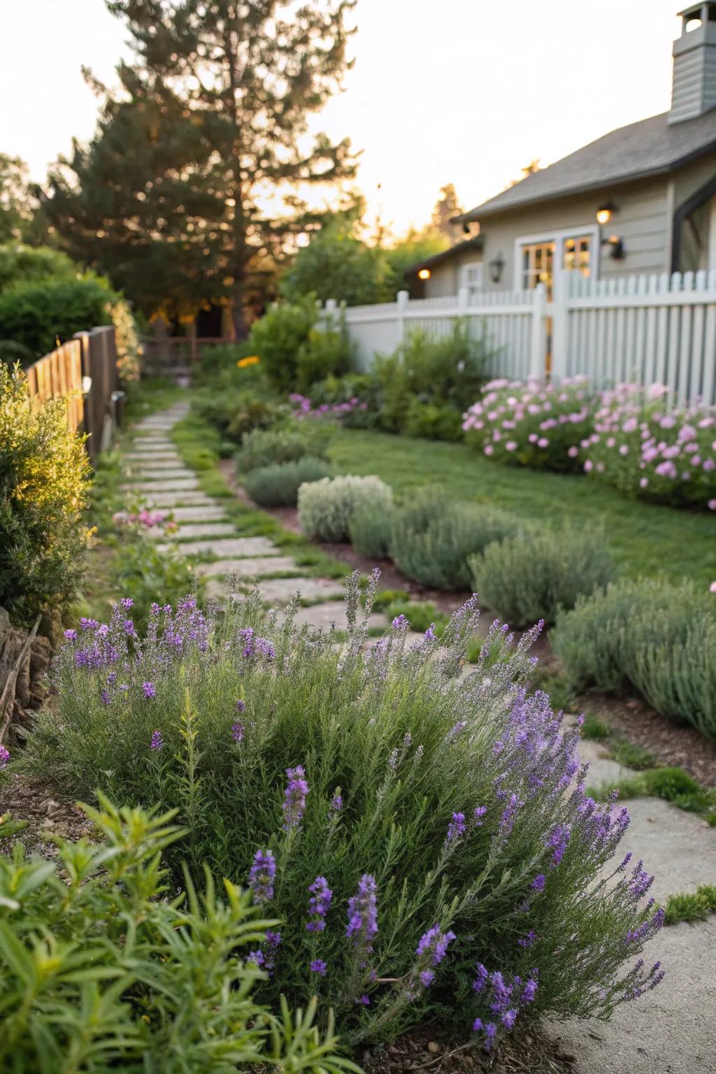A scented herb garden adds fragrance and culinary delights to the front yard.