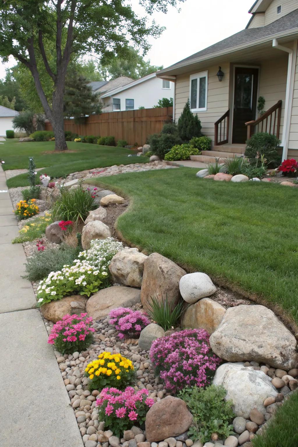 Seasonal accents that bring year-round charm to rock landscaping.