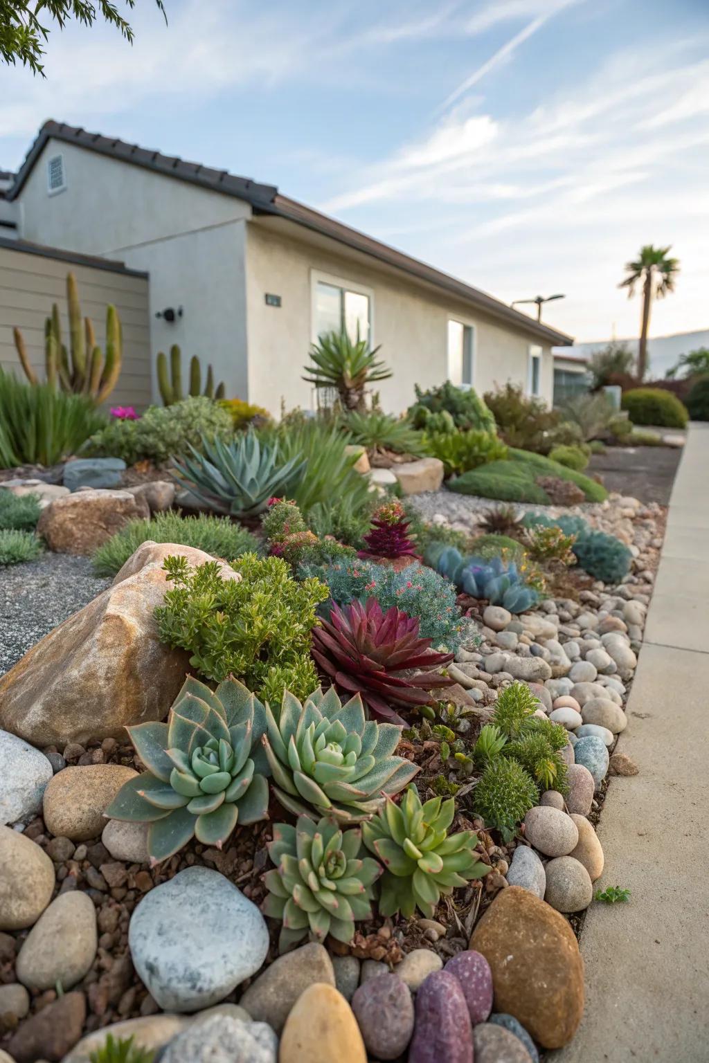 Succulent rock gardens offer low-maintenance beauty.