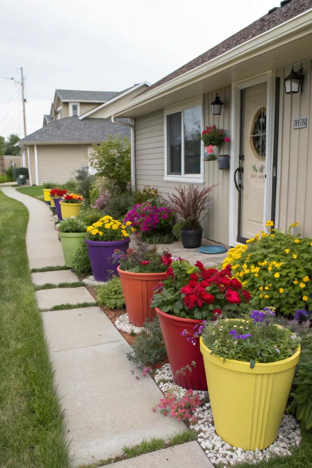 Vibrant container gardens adding flexibility and color to a front yard.