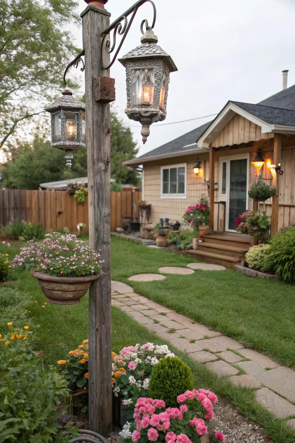 Rustic light posts add warmth to your outdoor decor.