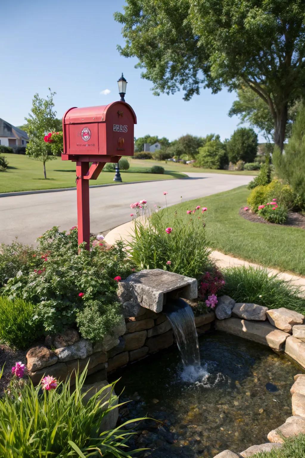 A water feature adds tranquility and a unique interest point to the mailbox.