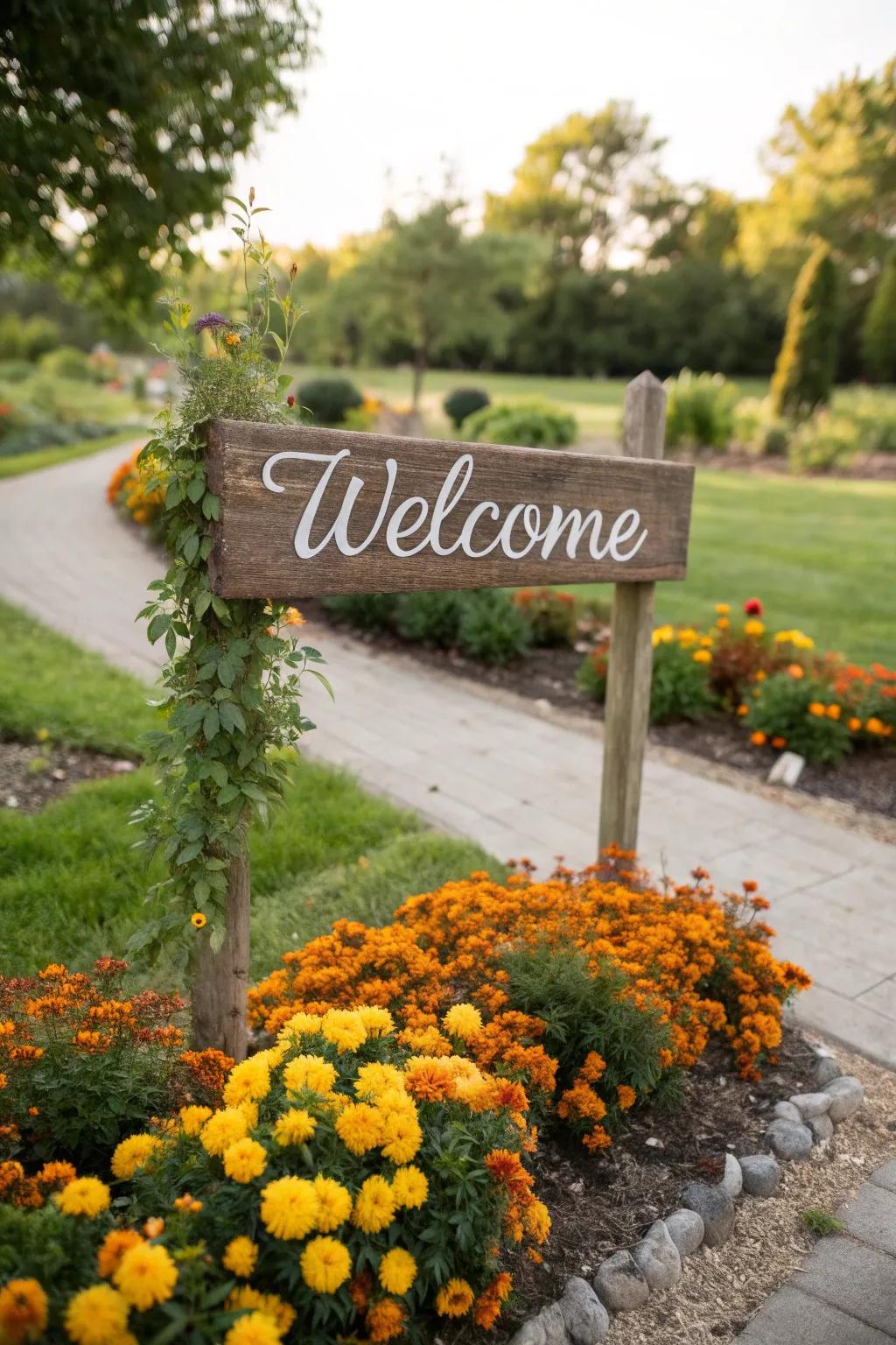 Marigolds frame welcome signs with vibrant color.