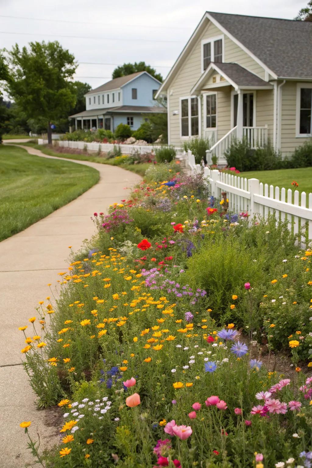 A front yard transformed by a colorful and lively wildflower meadow.