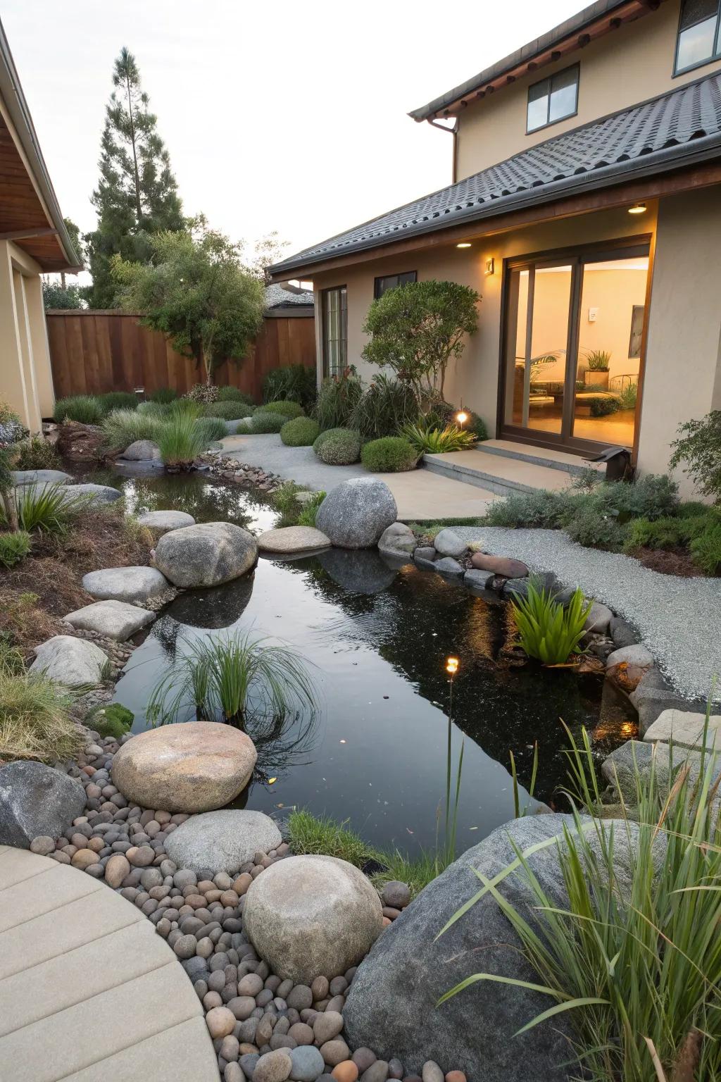 A Zen garden pond creates a peaceful retreat.