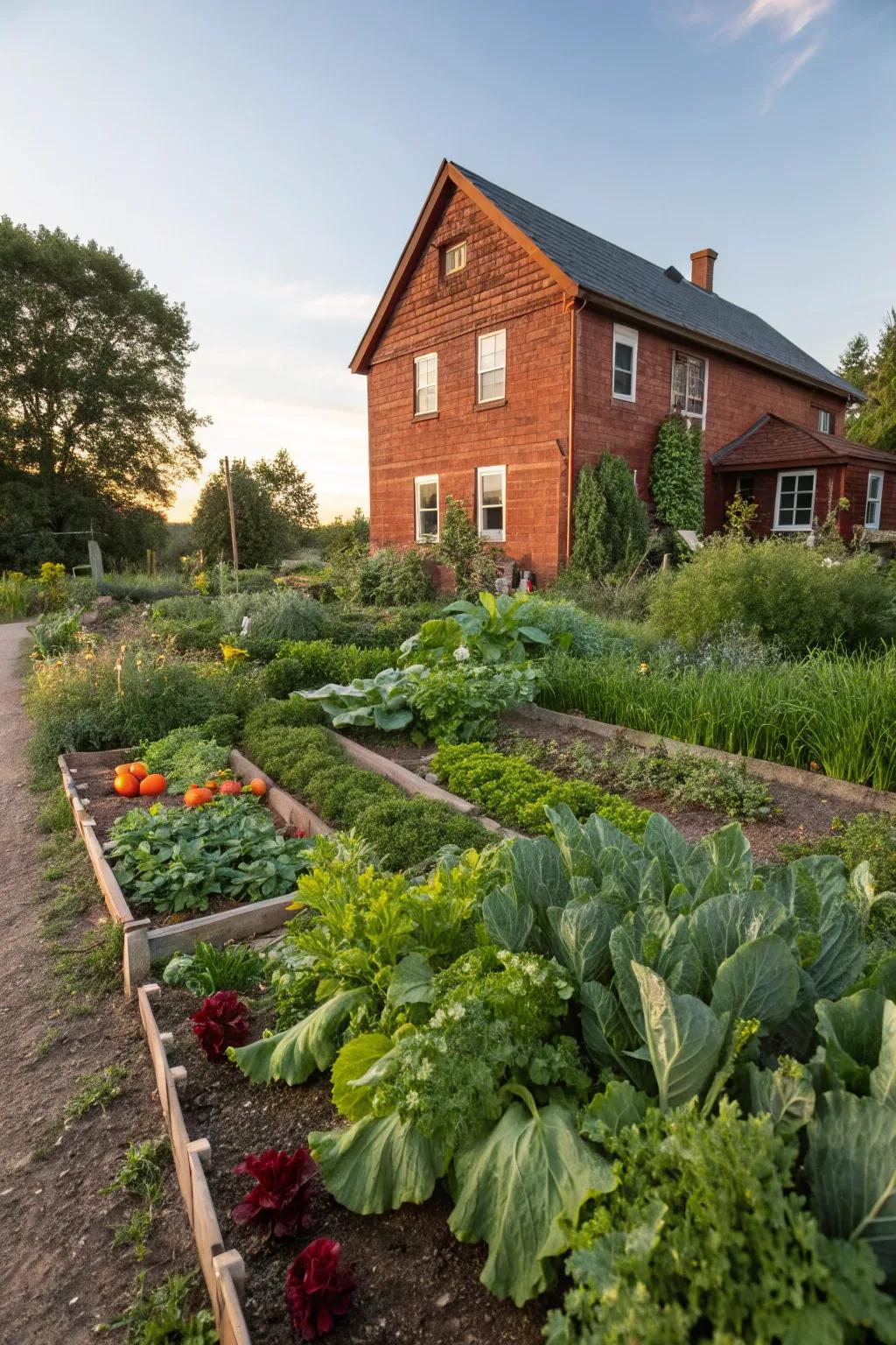 Edible plants add utility and beauty to this vibrant front yard.