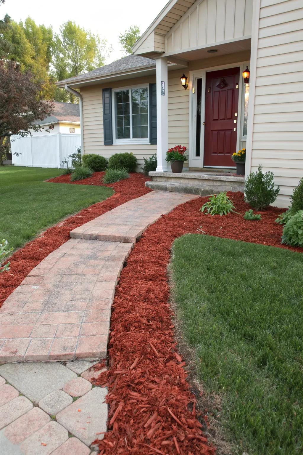 An inviting entrance with red mulch guiding guests to the front door.