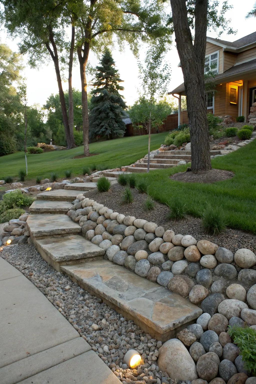 Rock terraces add dimension and interest to sloped yards.