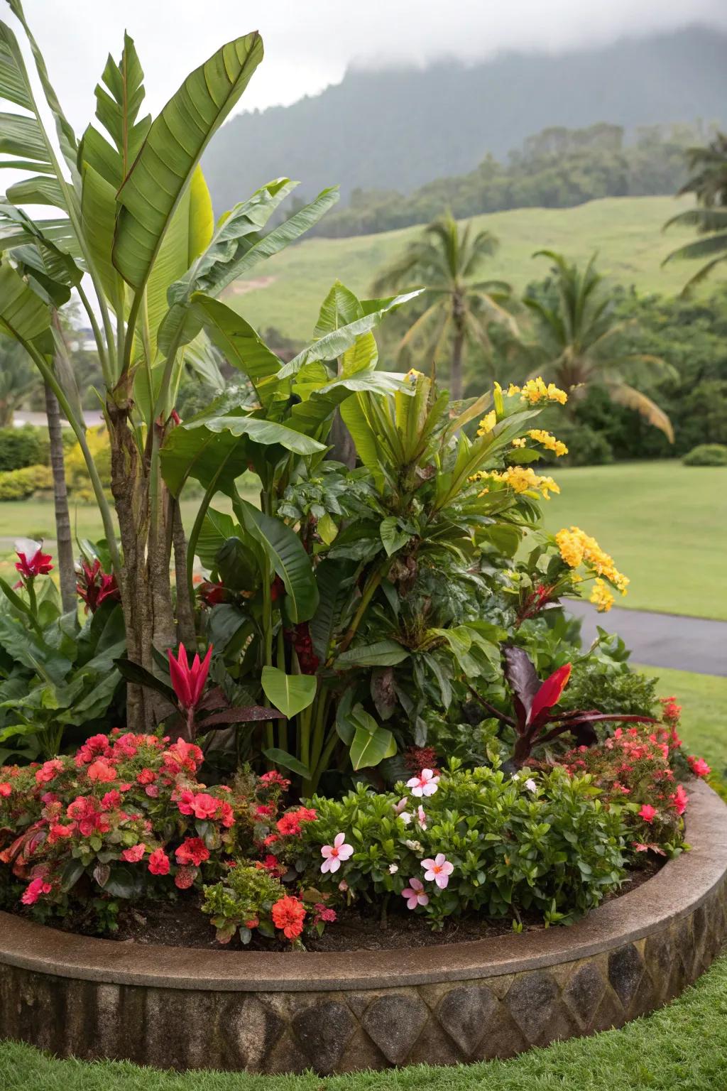 Tropical plants create an exotic paradise in this flower bed.