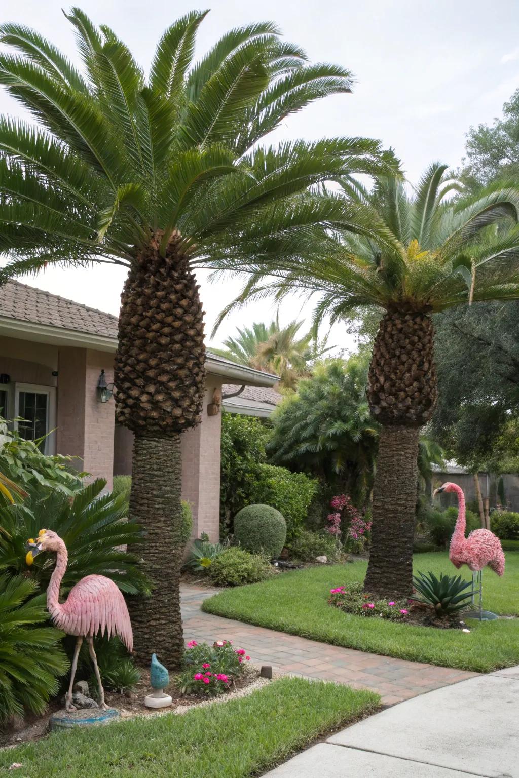 Artistic sculptures add whimsy to a sago palm landscape.