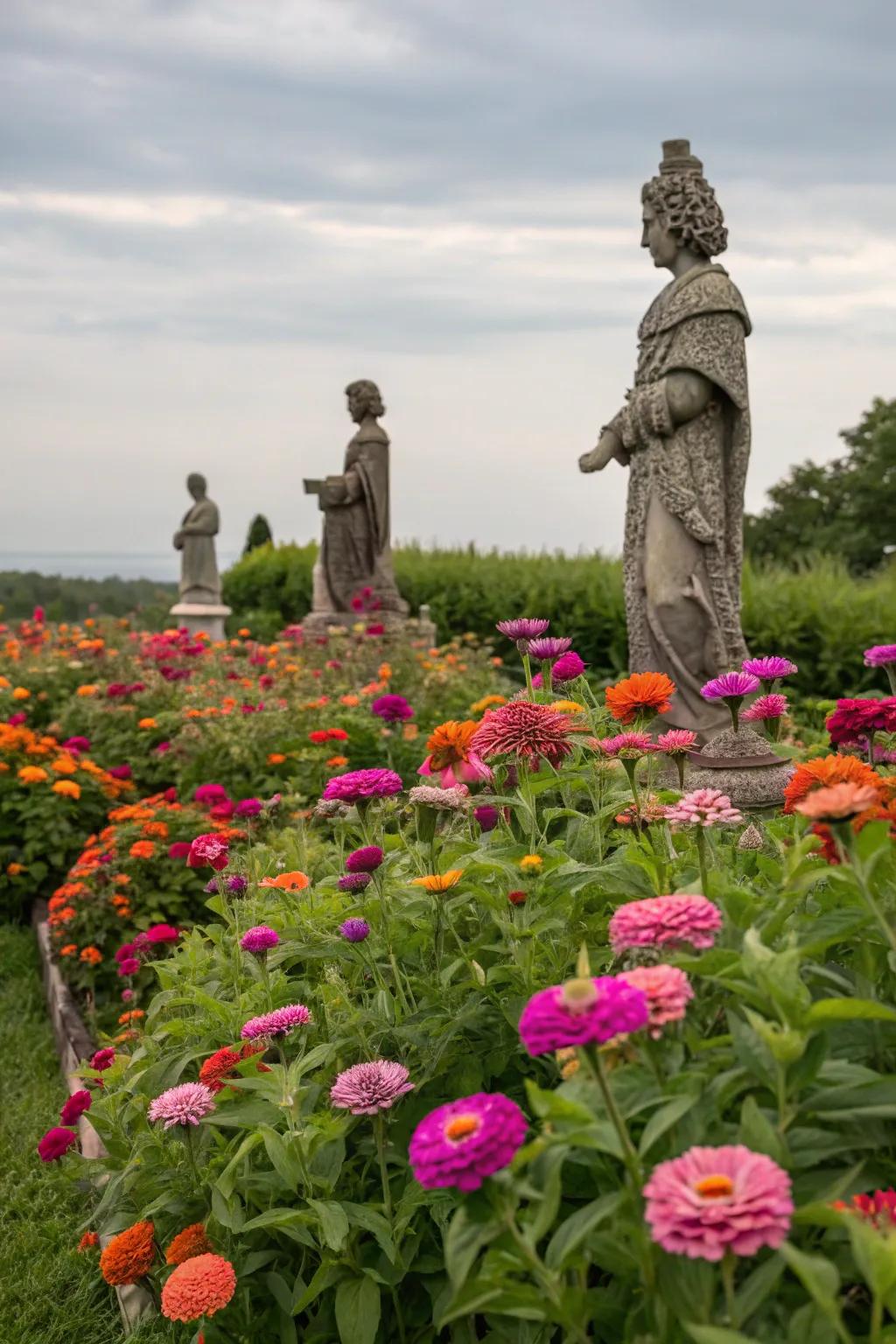 Garden art amidst zinnias adds personality and intrigue.