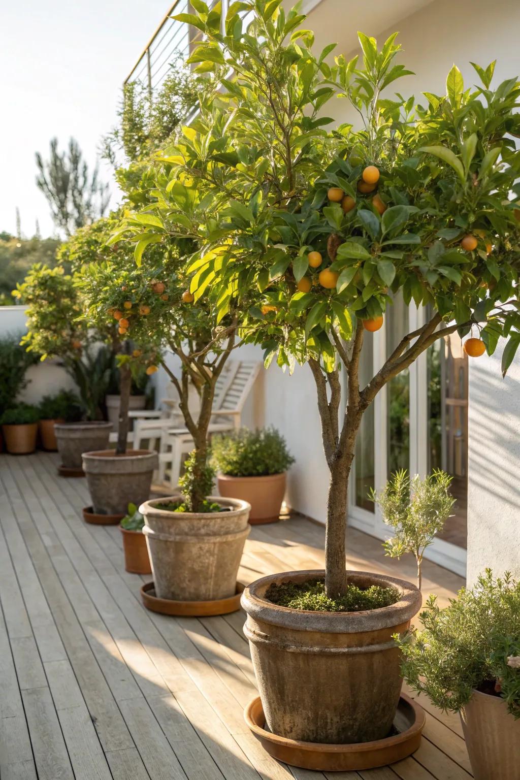 Dwarf fruit trees thriving in containers on a patio.