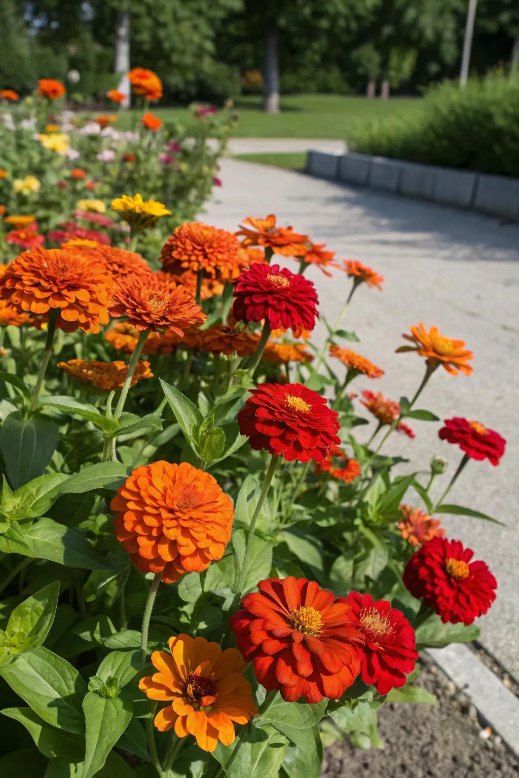 Contrasting zinnias create a bold and dramatic statement in this garden.