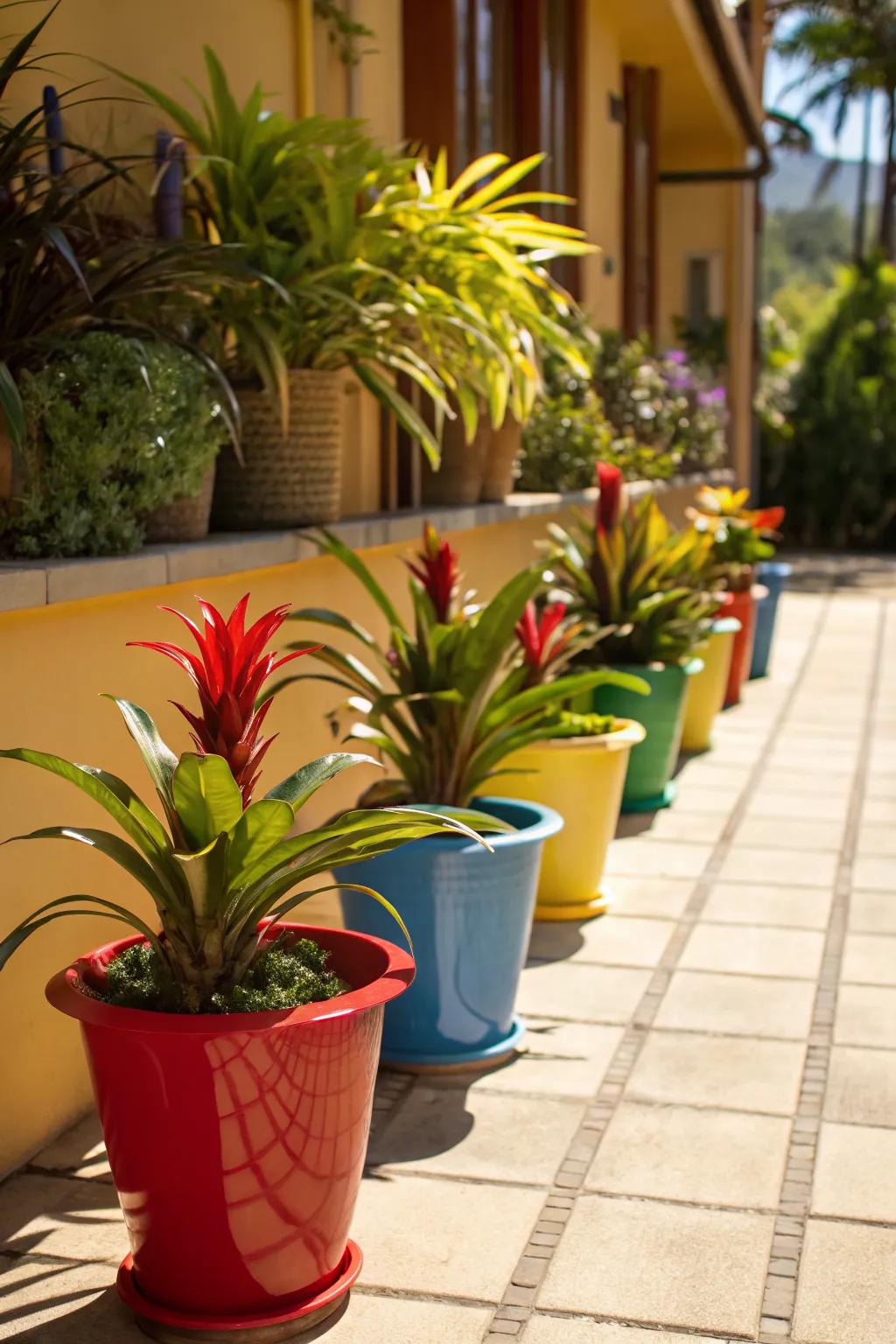 Bromeliads in colorful pots bring a tropical touch to sunny patios.