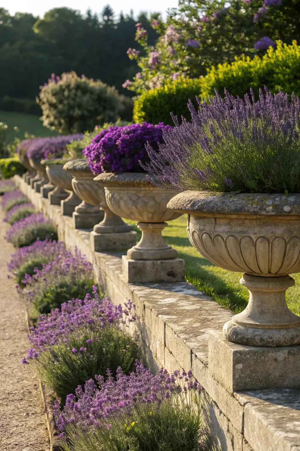 Stone planters with lush lavender