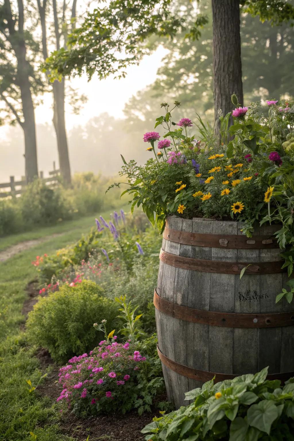 A wildflower wonderland in a whiskey barrel.