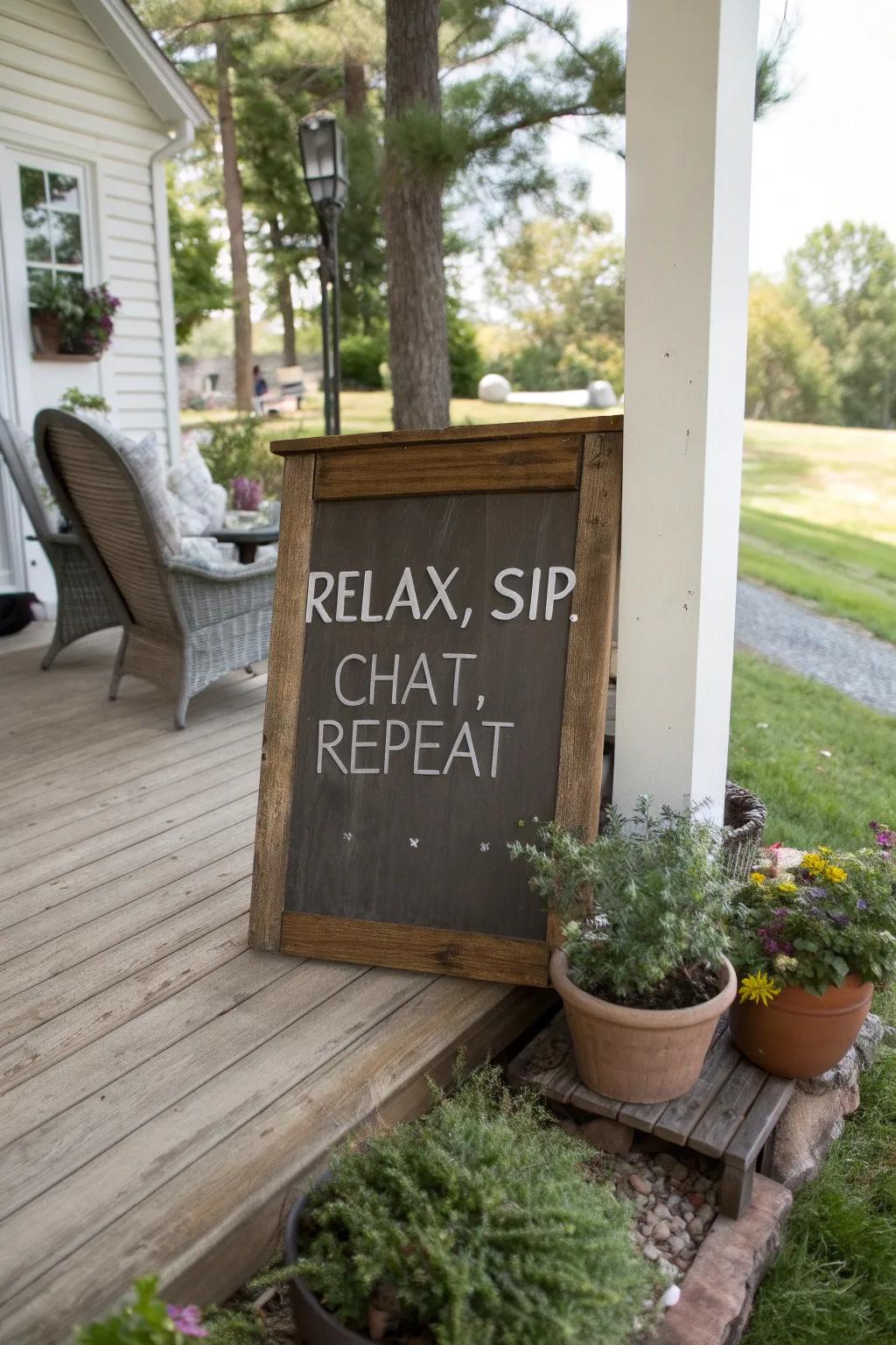 A relaxing porch sign that encourages enjoyment