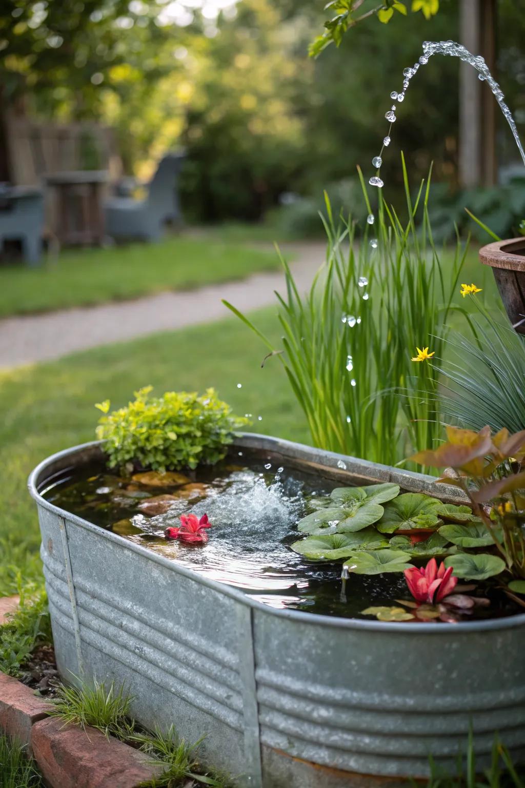A serene water garden created from a galvanized trough, adding tranquility to the garden.