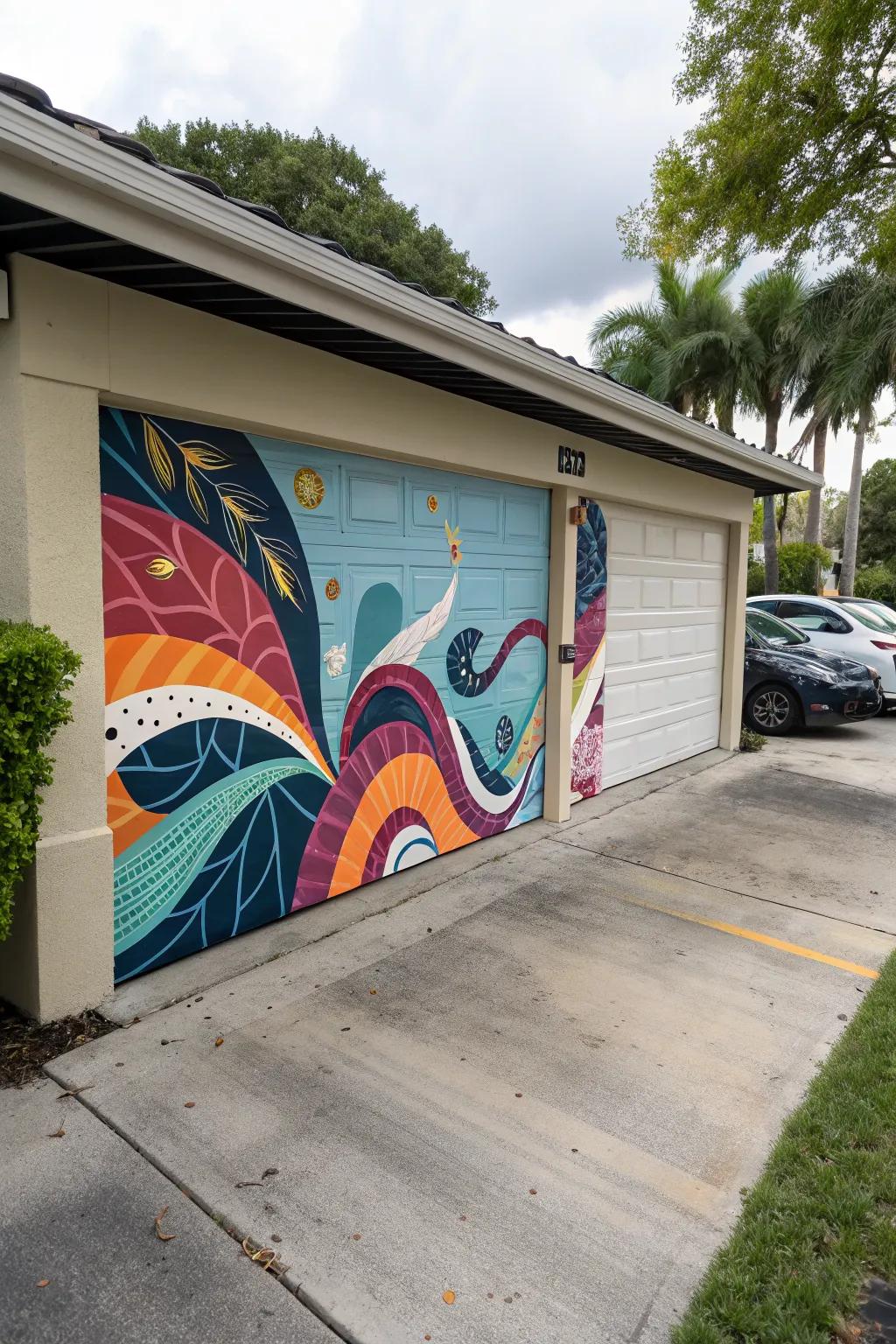 A custom mural turns your garage door into an extraordinary work of art.